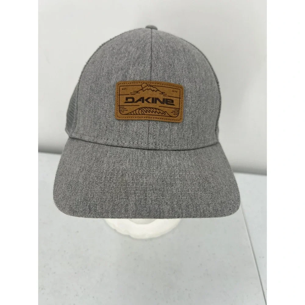 Dakine Mens Heather Grey Mesh Back Trucker Hat Faux Leather Patch Snapback Cap